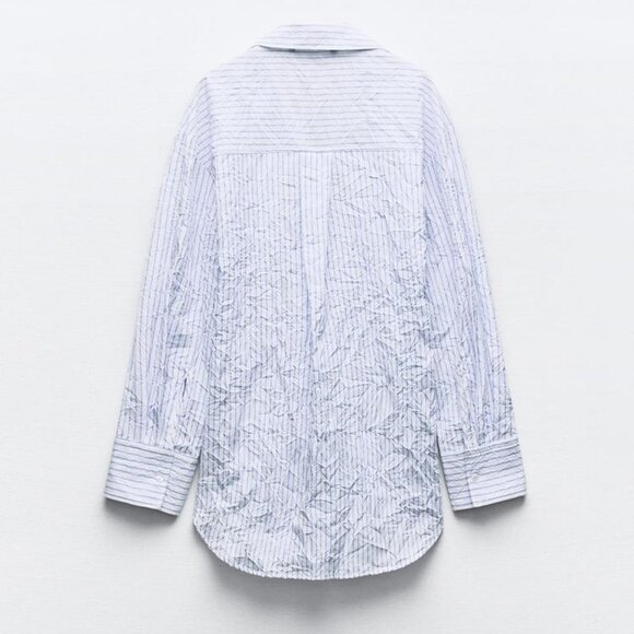 ZARA Wrinkle Effect Oversized Blue and White Striped Shirt. NWT - Picture 4 of 7